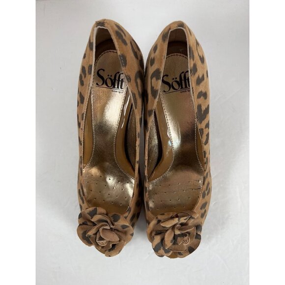 Sofft Size 8 Tan High Heeled Pump Suede Leather Printed Leopard Peep Toe Rosette - Picture 4 of 13
